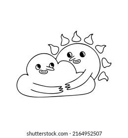 Weather icon isolated on white background. Outline hand drawn weather doodle characters. Cartoon emotional illustration of a cloud and the sun. Vector illustration EPS10