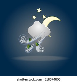 Weather icon with leafs, wind, cloud, moon and stars . Symbols.