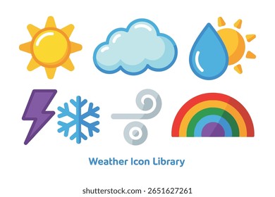 Weather icon library, sun, cloud, raindrop, snowflake, lightning, rainbow, modern vector, climate symbols, forecast illustration