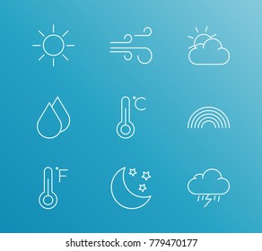 Weather icon line set with rainbow, night weather and sunny cloud. Set of droplet related weather icon line vector items for web mobile logo design.