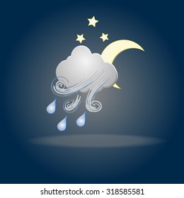 Weather icon with moon, cloud and rain. Symbols. Night.