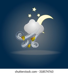 Weather icon with moon, stars, cloud, leafs and wind . Symbols.