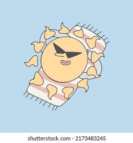 Icono del tiempo sobre fondo azul. Dibujar un esquema con el carácter de doodle del tiempo dibujado a mano. Dibujo emocional del sol. Ilustración del vector EPS10
