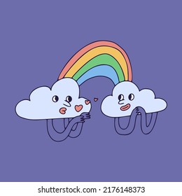 Weather icon on blue background. Outline hand drawn weather doodle character. Cartoon emotional illustration of rainbow and clouds. Vector illustration EPS10