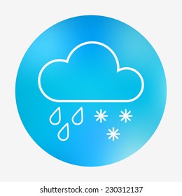 Weather icon on the blurred background. Cloud, raindrops and snowflakes. Vector illustration. Weather forecast application.