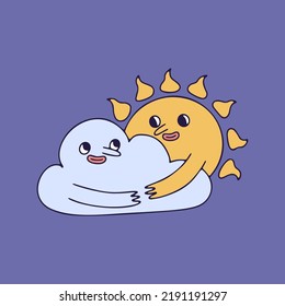 Icono del tiempo sobre fondo violeta. Dibujar un esquema con el carácter de doodle del tiempo dibujado a mano. Caricatura ilustraciones emocionales de una nube y un sol. Ilustración del vector EPS10
