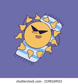 Icono del tiempo sobre fondo violeta. Dibujar un esquema con el carácter de doodle del tiempo dibujado a mano. Dibujo emocional del sol. Ilustración del vector EPS10