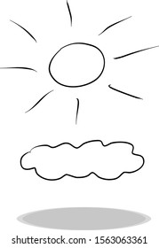 Weather icon on white background, flat design, hand drawing. Illustration of sun and cloud, contour of symbol black