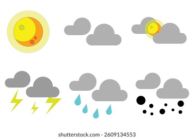 Weather icon on white background. Contains sun, cloud, rain, summer, spring, cloudy season and thunder weather. Collection of weather vector icons. Vector illustration