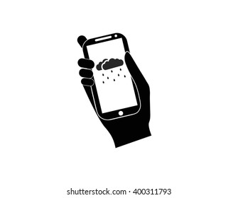 weather icon on your mobile phone. Businesshand hold phone with weather icon , Vector eps10