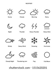 Weather icon pack. Climatic atmospheric conditions signs. Line illustration. Flat vector. App forecast update. widget tile website. Night morning cloudy sunny heavy rain windy full moon season.