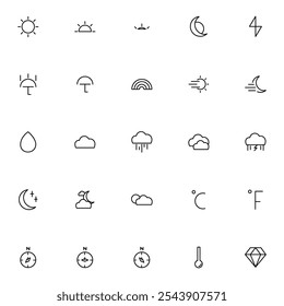 Weather icon pack Icons for sunny, cloudy, rainy, stormy, and snowy weather. Day and night, temperature indicators in Celsius, and seasonal elements. App interfaces, forecasts, and climate application