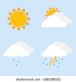 Weather icon. Partly cloudy, light rain, storm. Cloud, sun, drops of rain. Flat design, vector illustration, vector.