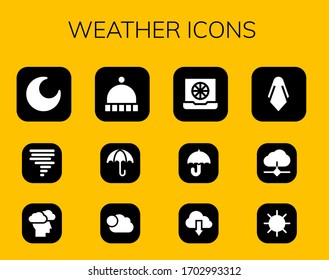 weather icon set. 12 filled weather icons. Included Night, Tornado, Storm, Beanie, Umbrella, Cloudy, Color, Cloud, Silk, Sun icons