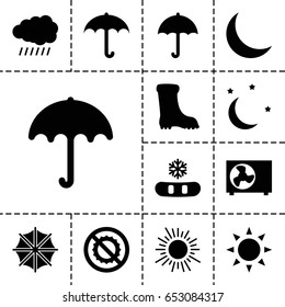 Weather icon. set of 13 filled weathericons such as sun, umbrella, boot, no brightness, crescent, moon and stars, air conditioner