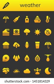 weather icon set. 26 filled weather icons.  Simple modern icons about  - Umbrella, Thermometer, Water, Frozen, Temperature, Tsunami, Color, Storm, Sun, Hail, Cloud, Silk, Winter