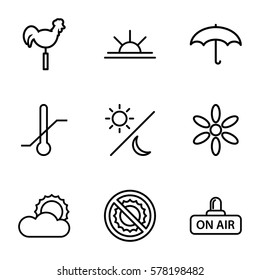 weather icon. Set of 9 weather outline icons such as sun, weather vane, sun rise, no brightness, thermometer, open air, umbrella