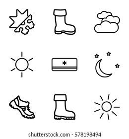 weather icon. Set of 9 weather outline icons such as sun, cloudy weather, boot, moon and stars, air conditioner