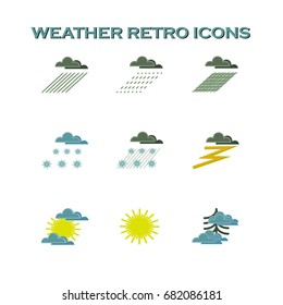 Weather icon set. 9 retro colorful icons on white background.Flat design.