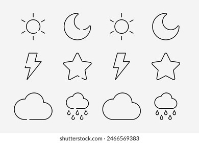 Weather icon set. Basic flat design sky. Sun, moon, crescent, thunder, lightning, star, cloud, rain sign symbol.