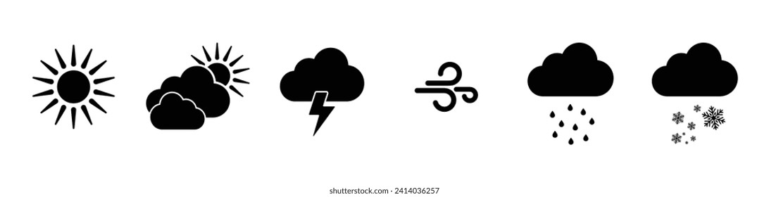 Weather icon set in black color. Sunny, cloudy, windy, winter, rainy season weather icon collection - Vector Icon