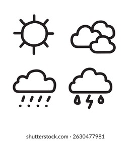 Weather icon set, black color on white background. Vector illustration.