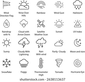 Weather Icon Set, Black Outline, Vector Illustration.