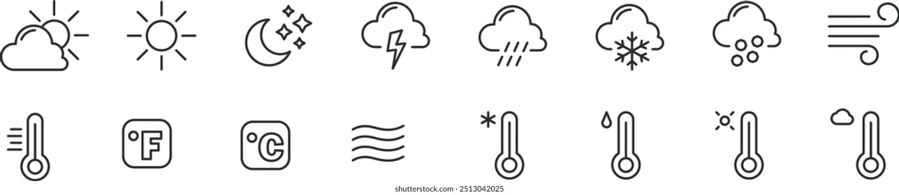 Weather icon set. Cloud, sun, rain, snow, wind etc.