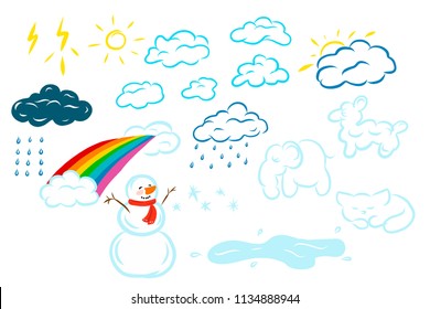 Weather icon set - clouds (clouds animals), sun, thunder or stormy cloud, rain, rainbow, snow, snowman, lightning, puddle. For poster, banner, logo, icon, printing, website. Doodle style