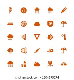 weather icon set. Collection of 25 filled weather icons included Cloud, Vane, Cloudy, Water, Rain, Umbrella, Blower, Thermometer, Temperature, Brightness, Wet protect, Colours
