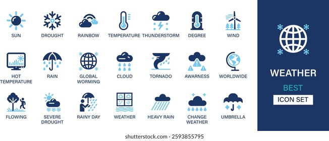 Weather icon set collection. Sun, drought, rainbow, temperature, degree, wind, rain, global worming, rain, global worming, cloud, tornado. And solid icons.