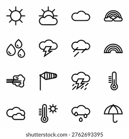 Weather Icon Set Collection Sun, Cloud, Rain, Storm, Snow and Wind Symbols