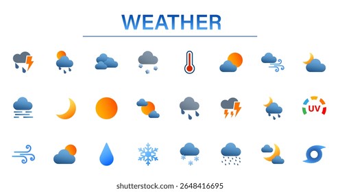Weather icon set. Containing clouds, thunderstorms, rain, wind, temperature, day and night, UV index.