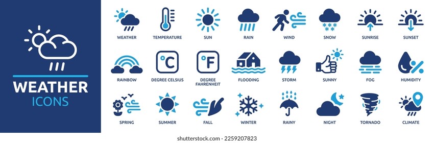 Weather icon set. Containing temperature, sun, rain, snow, cloud, humidity, summer, winter, spring, cloudy and rainy season. Climate symbol. Solid icon collection.