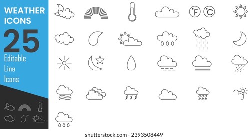 Weather icon set. Containing temperature, sun, rain, snow, cloud, humidity, summer, winter, spring, cloudy and rainy season