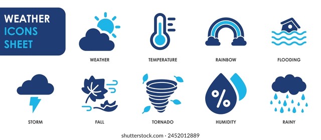 Conjunto de iconos de Clima. Conteniendo temperatura, sol, lluvia, inundaciones, tornados y así sucesivamente. Conjunto de iconos de Clima plano.