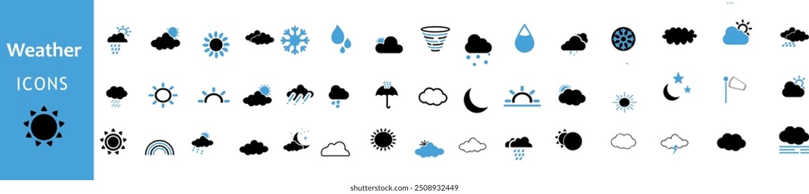 Ícone de tempo definido. Contendo temperatura, sol, chuva, neve, nuvens, umidade, verão, inverno, primavera, nublado e estação chuvosa. Símbolo climático. Coleção de ícones do Solid.