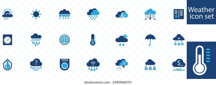 Conjunto de iconos de Clima. Contiene temperatura, sol, lluvia, nieve, nubes, humedad, verano, invierno, primavera, temporada nublada y lluviosa. Símbolo climático. Icono sólido