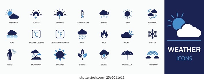 Weather icon set. Containing temperature, sun, rain, snow, cloud, humidity, summer, winter, spring, cloudy and rainy season. Climate symbol. Solid icon collection.