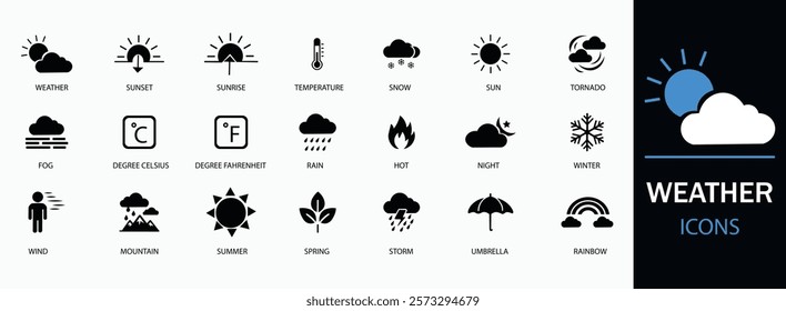 Weather icon set. Containing temperature, sun, rain, snow, cloud, humidity, summer, winter, spring, cloudy and rainy season. A well-organized collection of adaptable solid vector icons