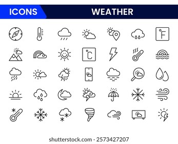 Weather icon set. Containing temperature, sun, rain, snow, cloud, humidity, summer, winter, spring, cloudy and rainy season. Climate symbol. 
