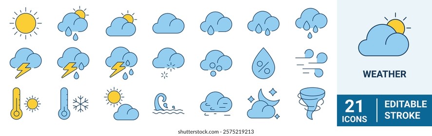 Weather icon set. Containing temperature, sun, rain, snow, cloud, humidity, summer, winter, spring, cloudy and rainy season. Climate symbol. Solid icon collection.