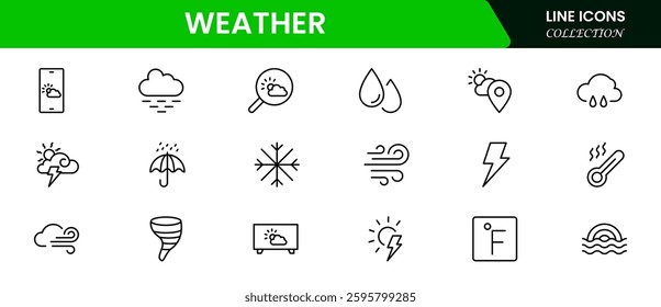 Weather icon set. Containing temperature, sun, rain, snow, cloud, humidity, summer, winter, spring, cloudy and rainy season. Climate symbol. 