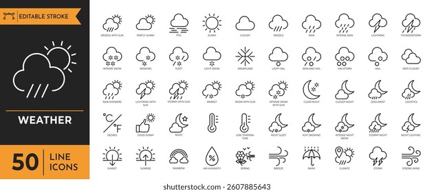 weather icon set. Containing temperature, sun, rain, snow, cloud, humidity, summer, winter, spring, cloudy and more. vector illustration. editable icon set
