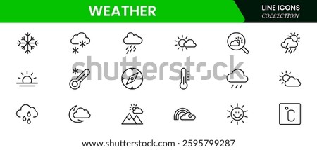 Weather icon set. Containing temperature, sun, rain, snow, cloud, humidity, summer, winter, spring, cloudy and rainy season. Climate symbol. 
