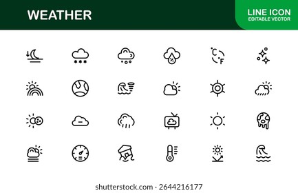 Weather Icon Set – Creative Vector Illustrations for Forecast, Climate, Rain, Sun, and Temperature in Minimal Line Style for All Devices