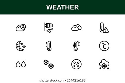 Weather Icon Set – Creative Vector Illustrations for Forecast, Climate, Rain, Sun, and Temperature in Minimal Line Style for All Devices