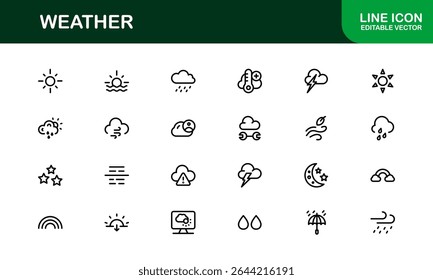 Weather Icon Set – Creative Vector Illustrations for Forecast, Climate, Rain, Sun, and Temperature in Minimal Line Style for All Devices