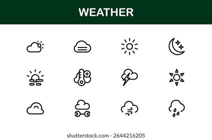 Weather Icon Set – Creative Vector Illustrations for Forecast, Climate, Rain, Sun, and Temperature in Minimal Line Style for All Devices