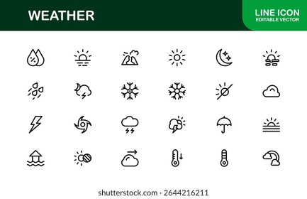Weather Icon Set – Creative Vector Illustrations for Forecast, Climate, Rain, Sun, and Temperature in Minimal Line Style for All Devices